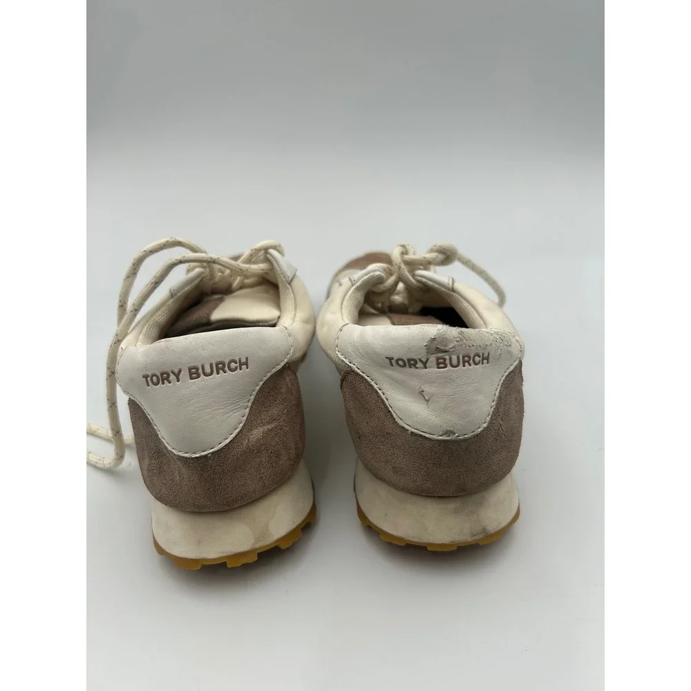 Tory Burch Bubble Sneakers Cream Brown Leather Textile Logo Low Top 8M 8913